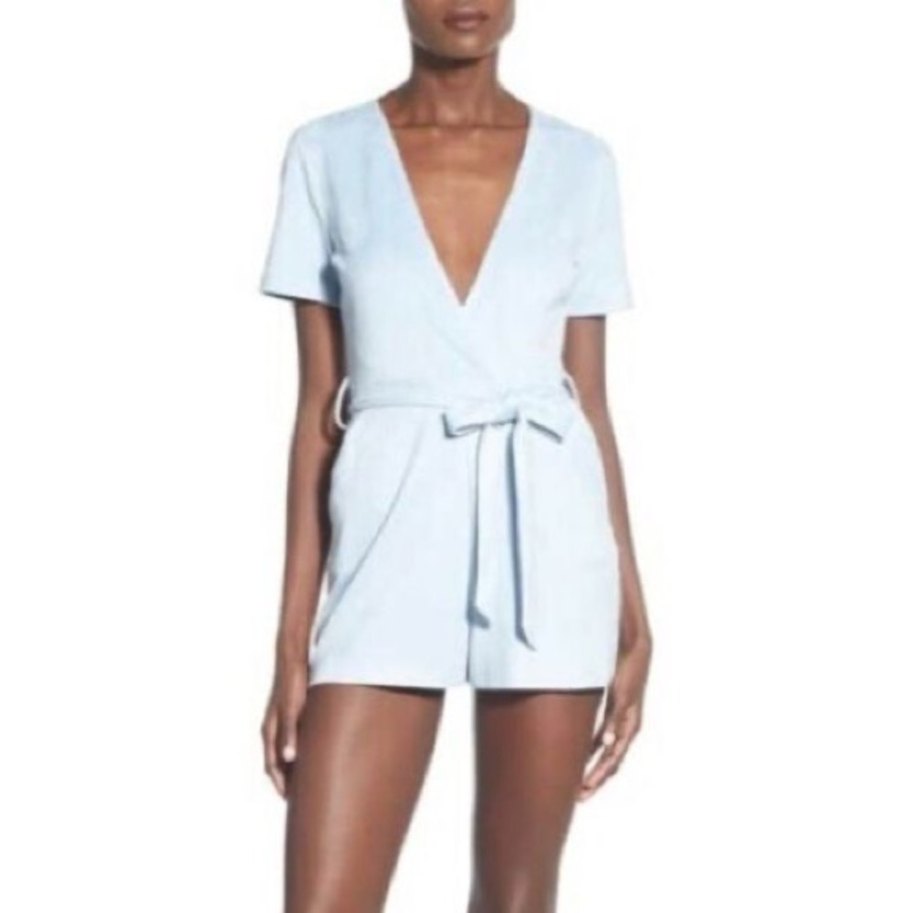 Missguided Plunge Faux Suede Romper Light Blue Size 6AU